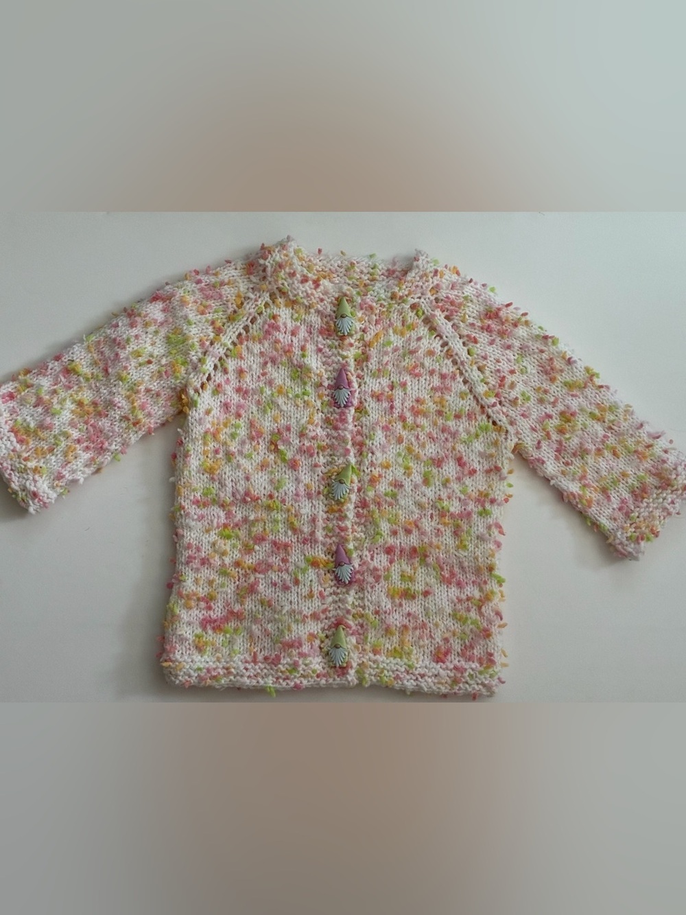 NWOT size 3/4 Handmade Pastel Speckled Baby Cardigan - Multi with gnome buttons